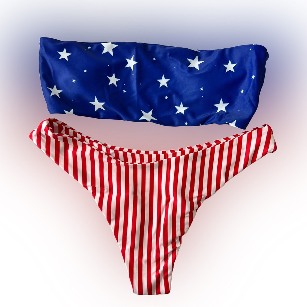 American Flag Stars Stripes Bandeau Cheeky Bikini Set - Picture 2 of 10